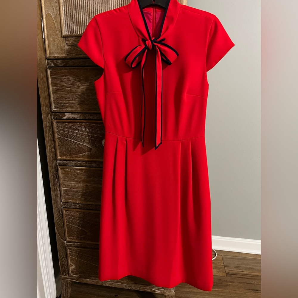 J Crew red dress with navy blue piping